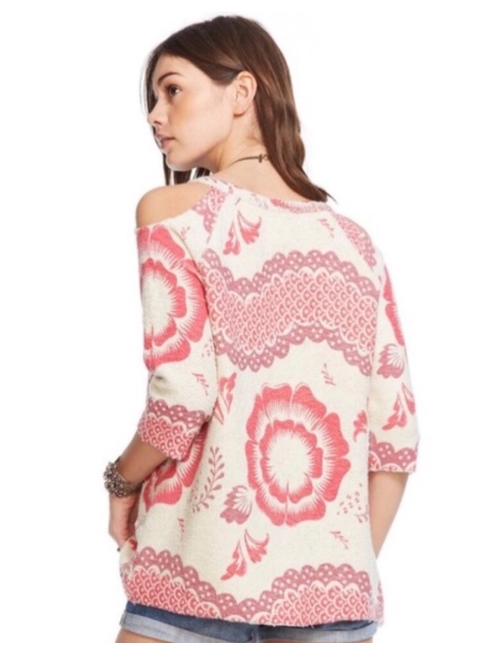 Chaser Cold Shoulder French Terry Floral Sweat Top L